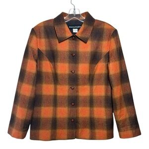 Vintage Wool Plaid Shirt Jacket Size 12 = Small Medium Orange Brown 80s 90s
